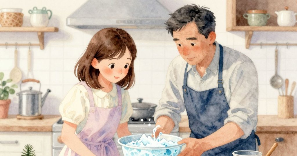 莉奧拉與溫斯頓在溫馨廚房內靠近觀察發酵劑溢出，眼神交流顯示默契與溫情