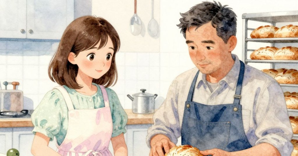 麵包在架上冷卻，表面細膩紋理清晰，背景廚房暗示故事尚未結束，氛圍靜謐溫馨