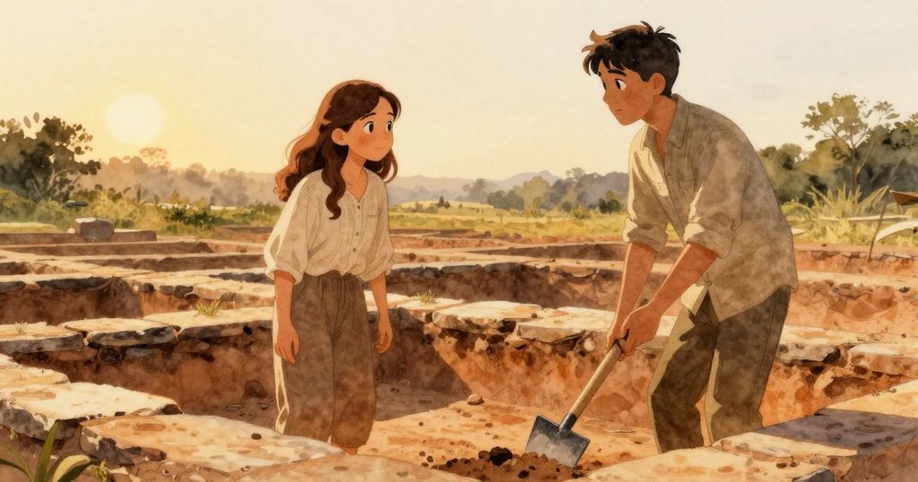 黎明時分，Thea 揮刷古石板，Basil 輕敲石塊，溫暖光線照亮寬闊考古現場，充滿期待的氛圍。