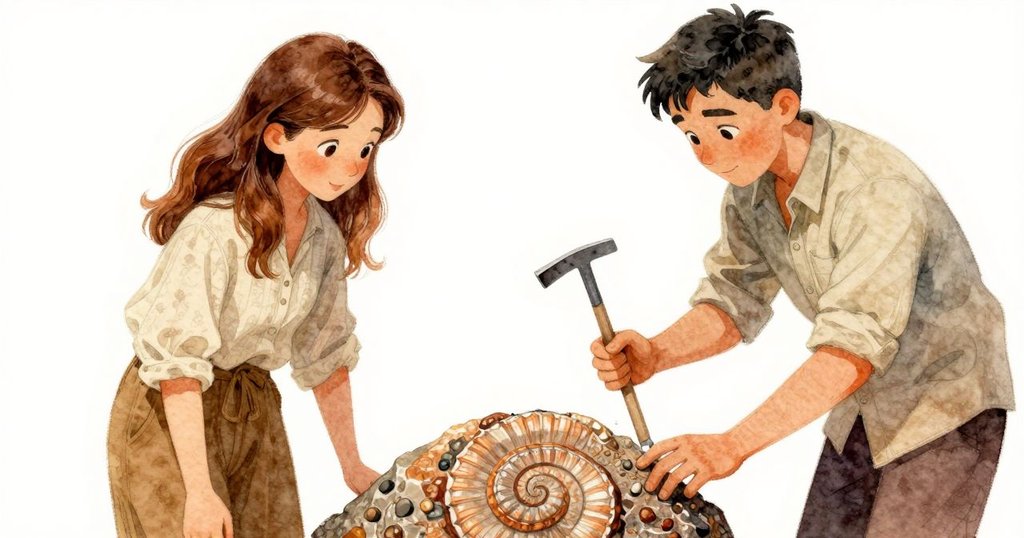 Thea 輕拂化石螺旋，細膩紋理隱現劃痕，Basil 輕敲石面，展現層次豐富的古老藝術。