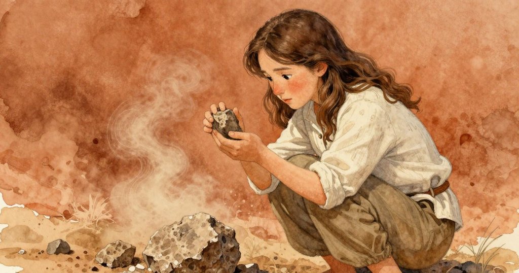 Thea 停下手中的作業，凝視化石中異常劃痕，神態中流露出驚奇與沉思，周遭飄散細微塵埃。