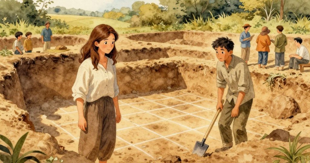 Thea 與 Basil 從高處觀察整個挖掘場，網格線清晰可見，古老化石層層展現，廣闊天空襯托現場。