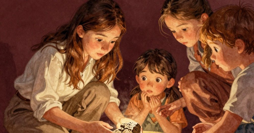 Thea 面露猶豫，手隱約靠近化石異常裂痕，內心掙扎與好奇交織，細膩情感表露無遺。