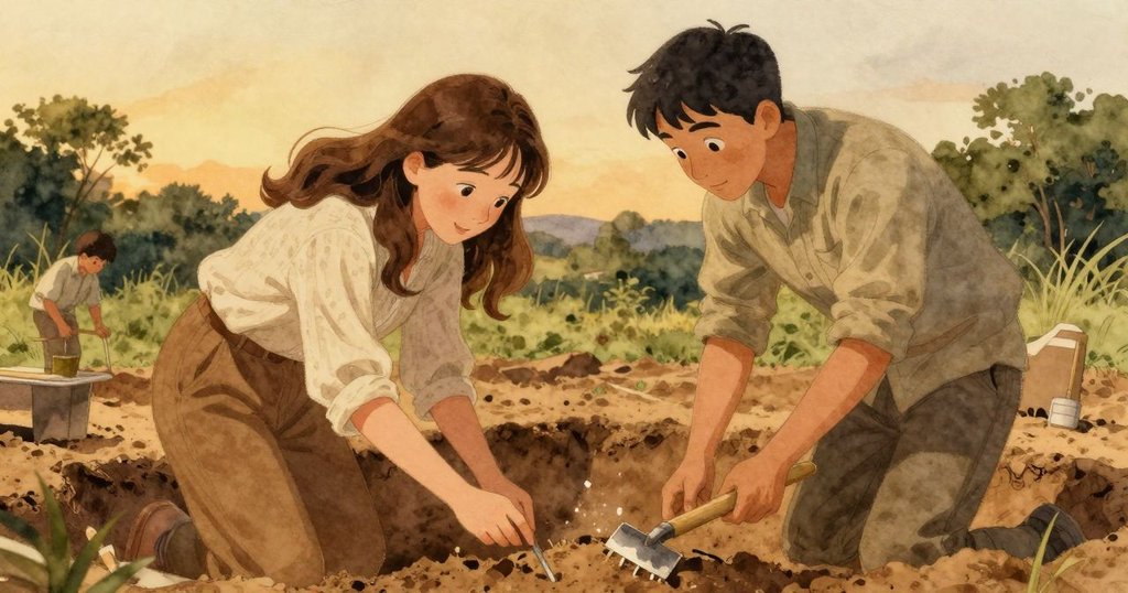 夕陽下，Thea 與 Basil 緊密合作，共同圍繞化石異常區域作標記，彼此凝視中流露堅定與默契，現場靜謐卻充滿希望。