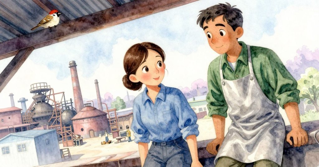 小鳥視角觀看鑄造廠內部動作,屋頂樑上聽見人聲與機械韻律交織,充滿微妙生動細節