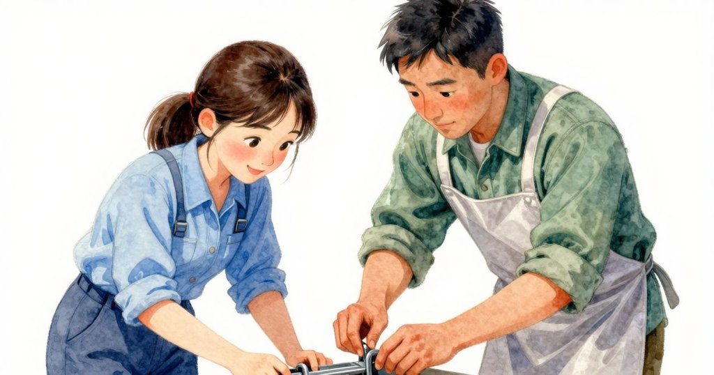 艾莉絲在設備前停步調整吹風口,布雷爾眉宇微揚,二人默契中彰顯工作緊張與專注氣氛