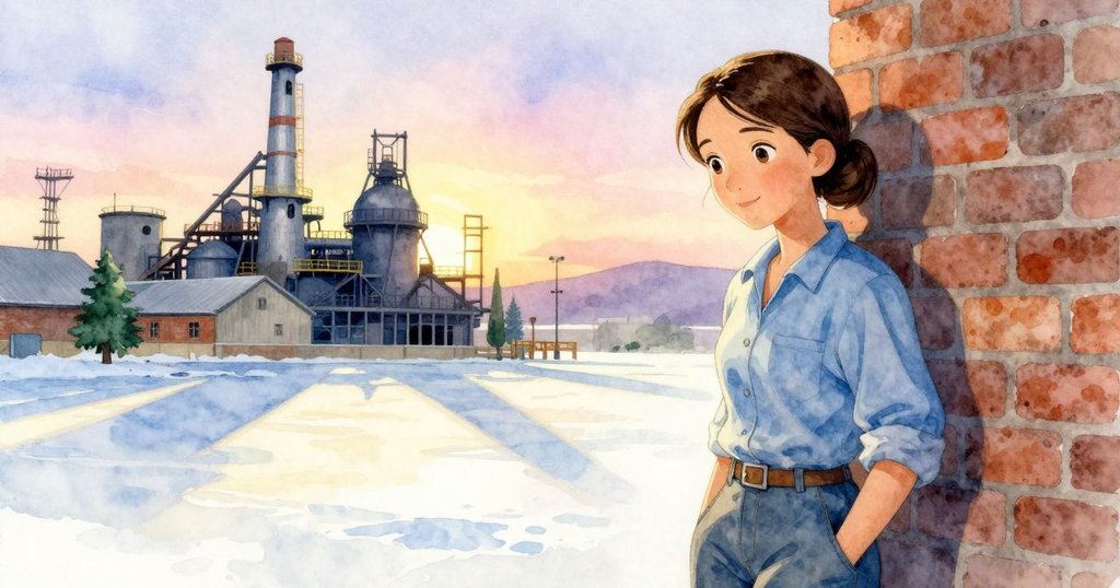 艾莉絲於黃昏溫暖餘暉中輕觸磚牆,結束忙碌一天,環境柔和安寧,神情滿足沉靜