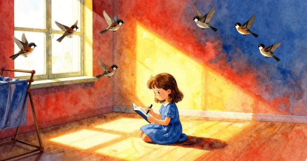 在溫暖房間中, Clara正注視晾衣架及屋頂陰影, 多隻雀鳥飛舞, 現出熱情早晨氛圍, 氣氛繁忙而溫馨。