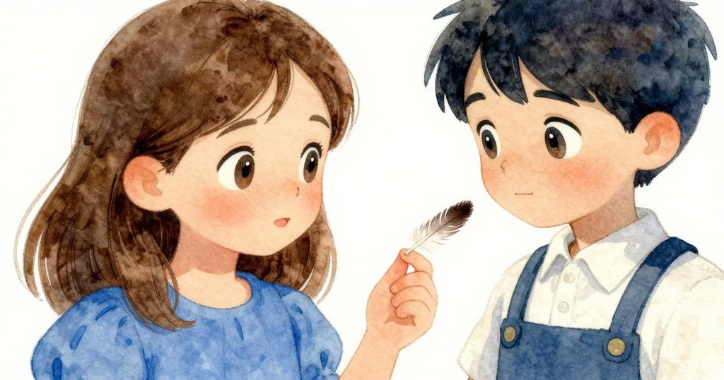 Clara近鏡頭下注視落在拇指上羽毛, 柔和晨光襯托驚奇神情, 細膩情緒流露在眼中。