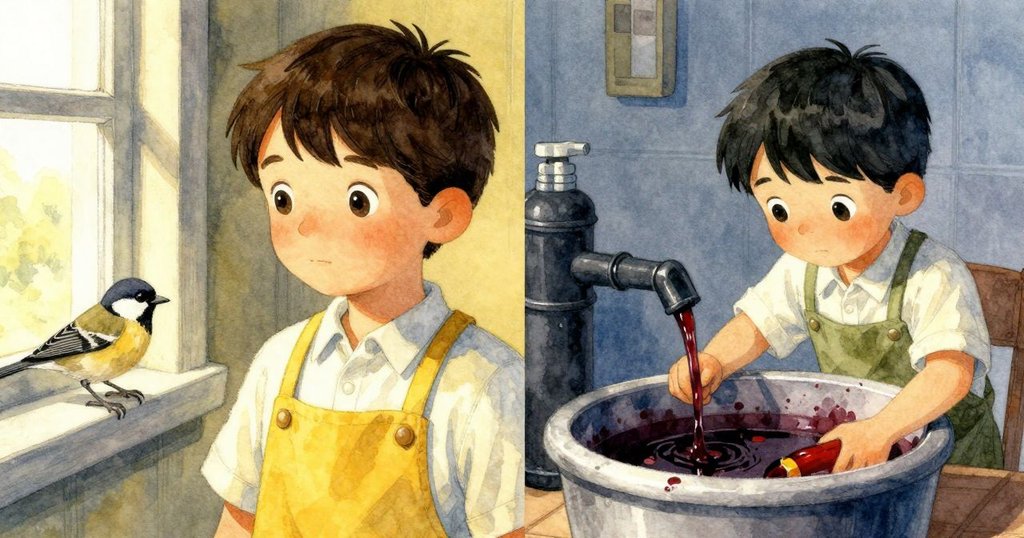 窗邊雀鳥活躍跳躍, 同時Hugo在染槽旁輕聲評論, 分割畫面展現初步故事發展, 早晨柔光貫穿全局。