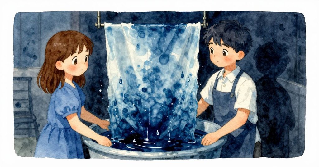 房間中央, 染藍布片緩滑入染槽, 水珠散落映出柔和環境光, 呈現過渡時刻與色彩交織效果。