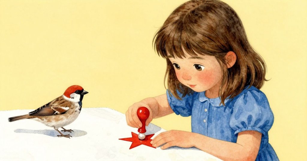 Clara小心按壓星形印章於布上, 蜡珠閃爍如珍珠, 窗邊雀鳥靜觀其變, 動作與效果呼應展現。