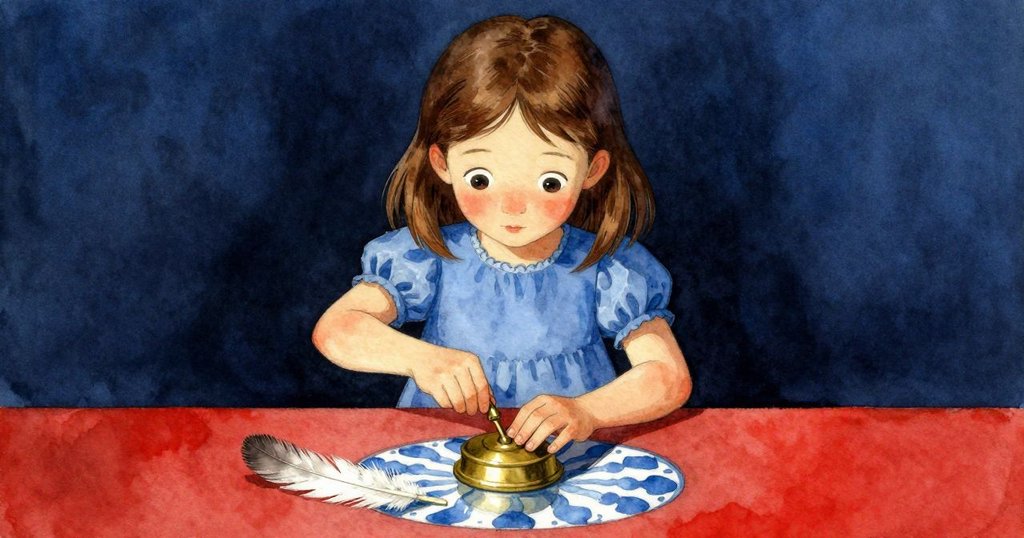 Clara於桌上轉動黃銅印章, 羽毛靜臥旁邊, 桌面反射淡藍圖案, 溫柔光線中畫面充滿靜謐與留白。