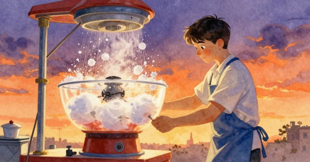 拉爾斯在傍晚金光中調整糖果機餘留糖晶,機器運轉呈現部分動態景象。