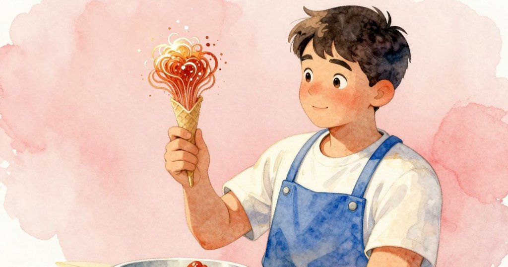 拉爾斯專注操作糖錐,手裡糖絲層層疊起,近景展現機器細膩運作與甜蜜變幻。