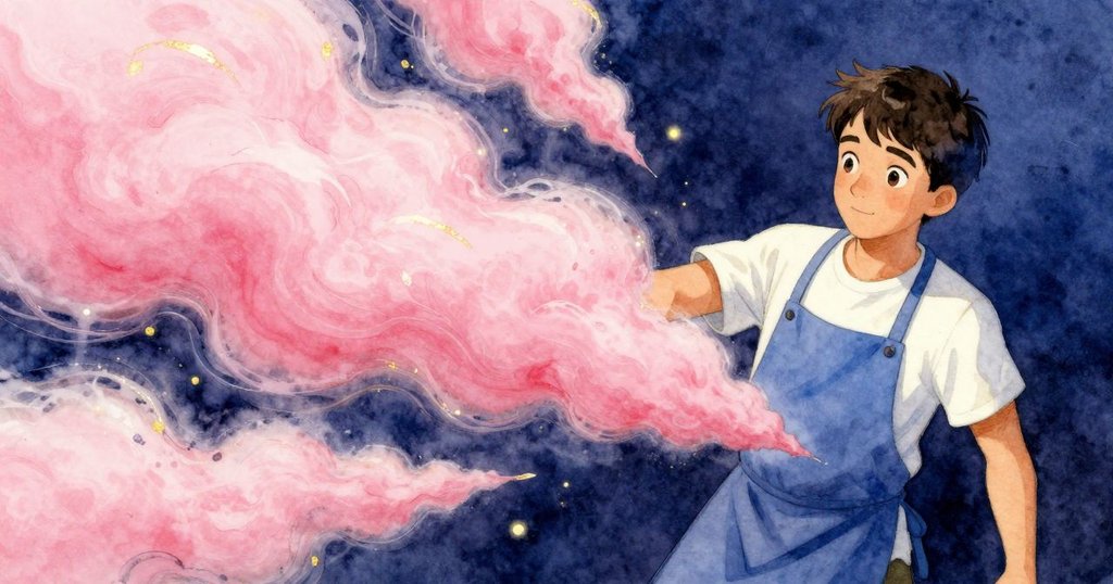 傾斜視角下,糖絲動感交錯,夕光粉與靛藍燈光映襯中拉爾斯靜觀其變。