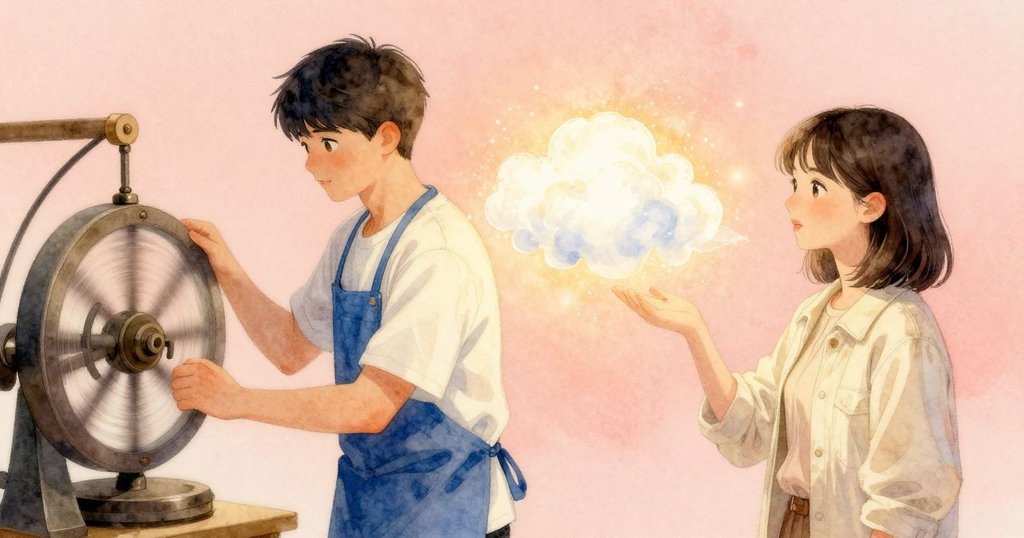 拉爾斯與巴羅瑪在未來風旋律中協作,一邊是運轉機器,一邊是夢幻糖雲,場景現實與幻想交織。