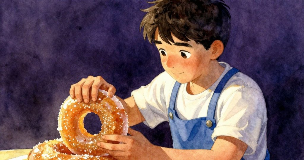 拉爾斯聚精會神地注視厚重糖環,手在關鍵時刻猶豫,飄動糖絲與金光營造出緊張氛圍。