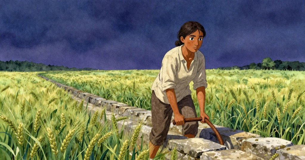 Greer在露天水渠中調整生鏽把手,柔和晨光中呈現忙碌與期待的情感,背景隱約顯示田野與水流。