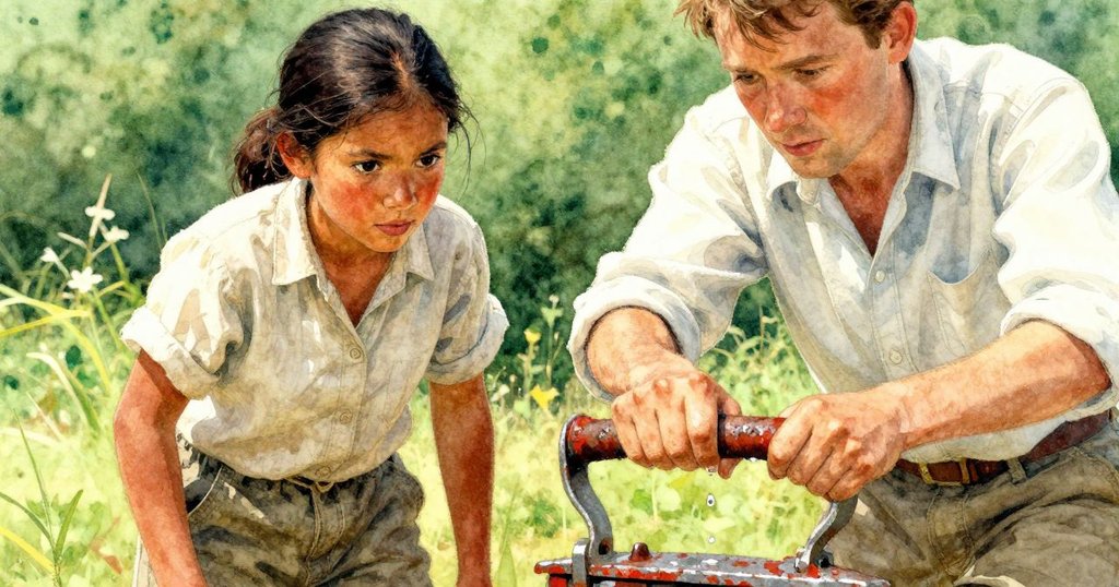 Greer的手握住生鏽把手,細節特寫呈現水滴光芒,突顯不確定的水流調節情景。