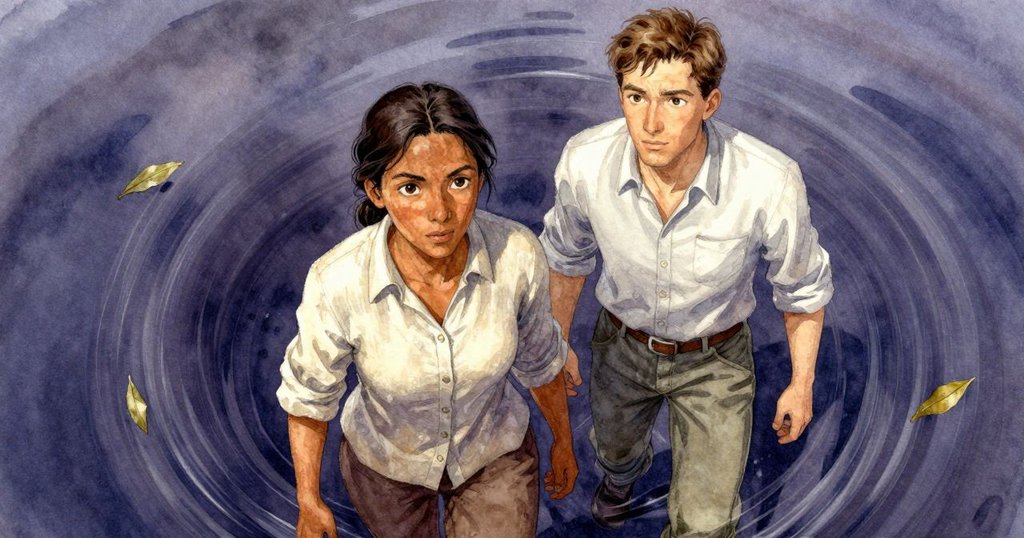 水流中漂浮的樹葉在扭曲視角下形成神秘漩渦,暗示水道的不尋常變化與潛在風險。