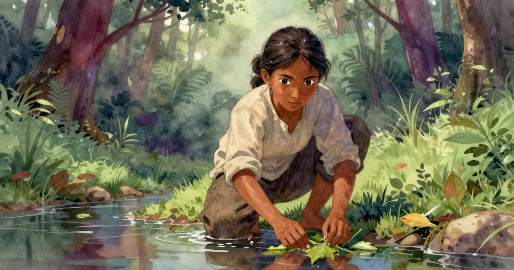 Greer彎身撥開浮葉,並留意水面的微妙波動,溫柔晨光增添心情轉折,旁有青蛙隱現。