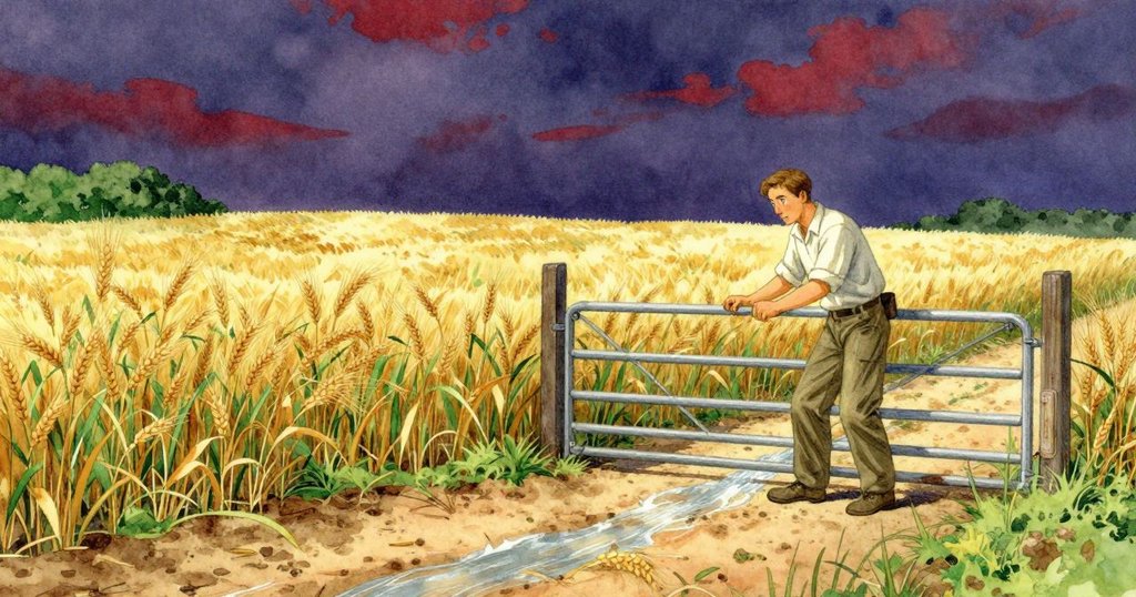 Idris在遠處田野中調整水閘,水流與麥田交織出動態軌跡,背景展現自然律動與溫暖光影。