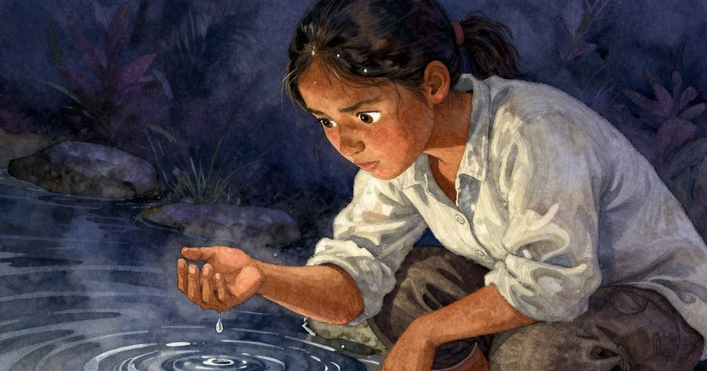 Greer靜立把手旁,凝望一滴落水象徵未知平衡,情感由動轉靜,氛圍充滿詩意與思索。