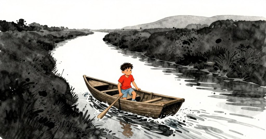 小諾倫站在木筏上，手觸槳邊，木筏正進入陽光明媚的河道，展現冒險開始的情景