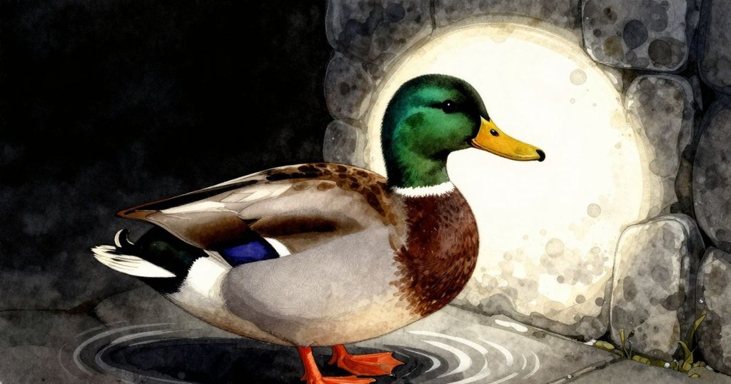 鴨子停在發光石板下，水波映射出小窗般的閃爍光芒，背景是彩繪峭壁，展現神秘氛圍