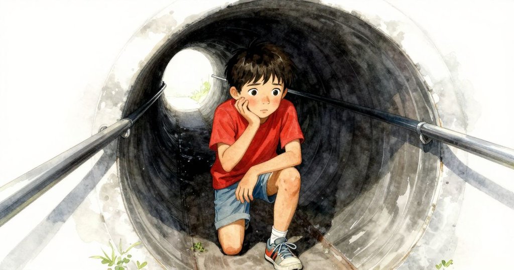 在狹窄通道中，小諾倫單膝支撐，面露猶豫與緊張，身心掙扎於未知前方的激流