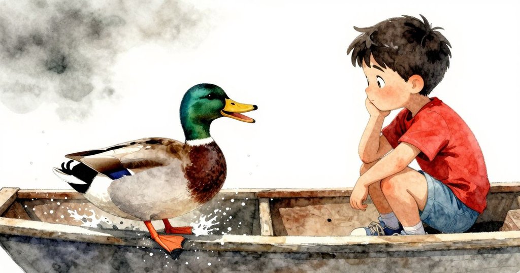 落水後，小諾倫歡笑著站在木筏上，水花飛濺中鴨子安靜立於側邊，展現冒險後的溫暖重逢