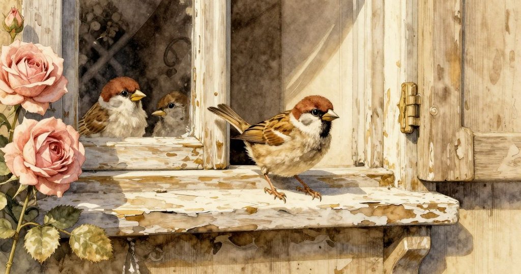 窗外斑駁窗台上,麻雀在陽光中輕巧降落,隱約映出喬爾工作坊內溫暖與故事,充滿好奇氣息