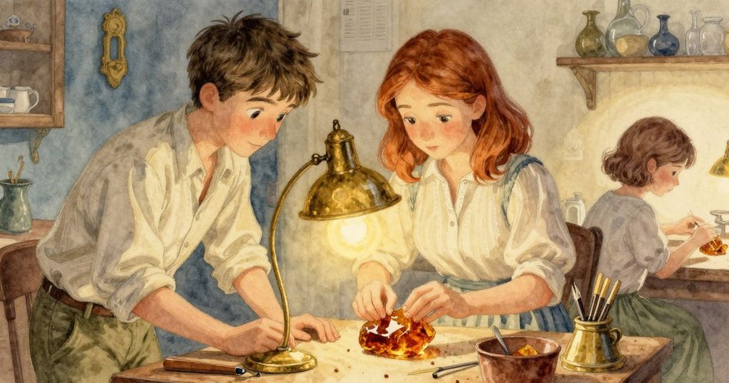 工作坊內喬爾捧著生琥珀於溫暖燈光下,希爾薇專注描繪細節,彰顯創作與專注的溫馨場景