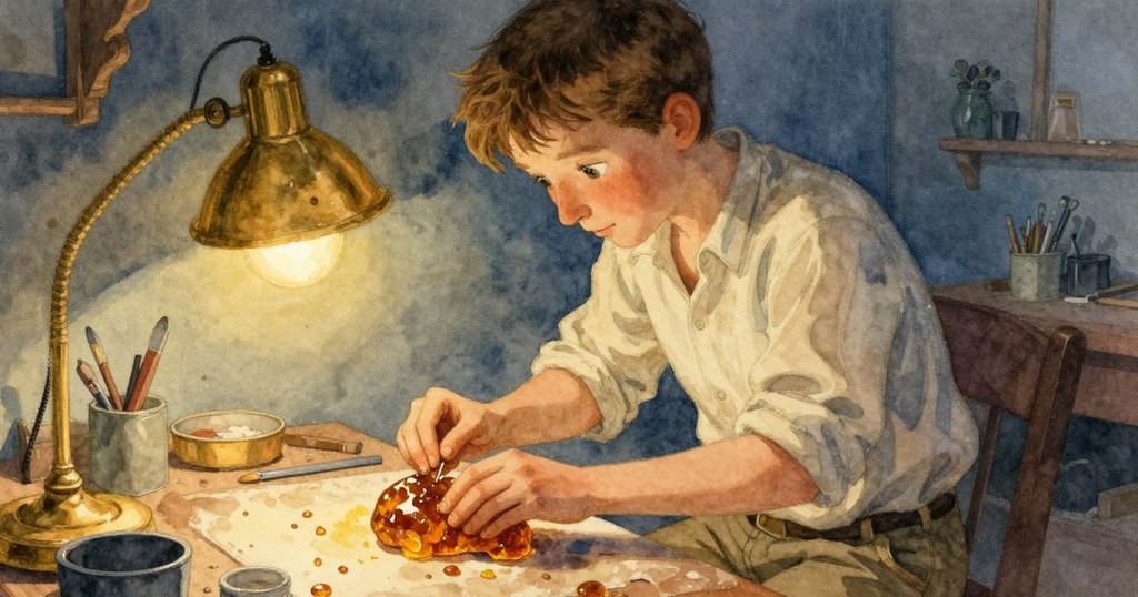 工作台上喬爾細緻雕琢琥珀,燈光映出樹脂顆粒微光,動作專注且溫柔,顯現創作韻味