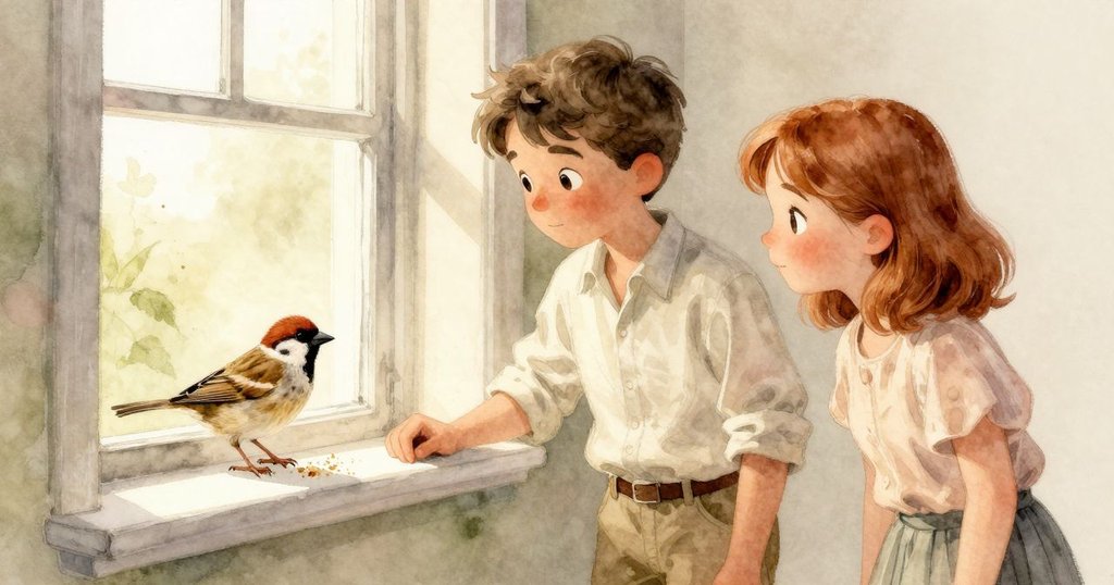 窗台上麻雀活躍啄食琥珀塵埃,喬爾與希爾薇相視而笑,展現靜謐互動與欣慰情感,情景溫暖