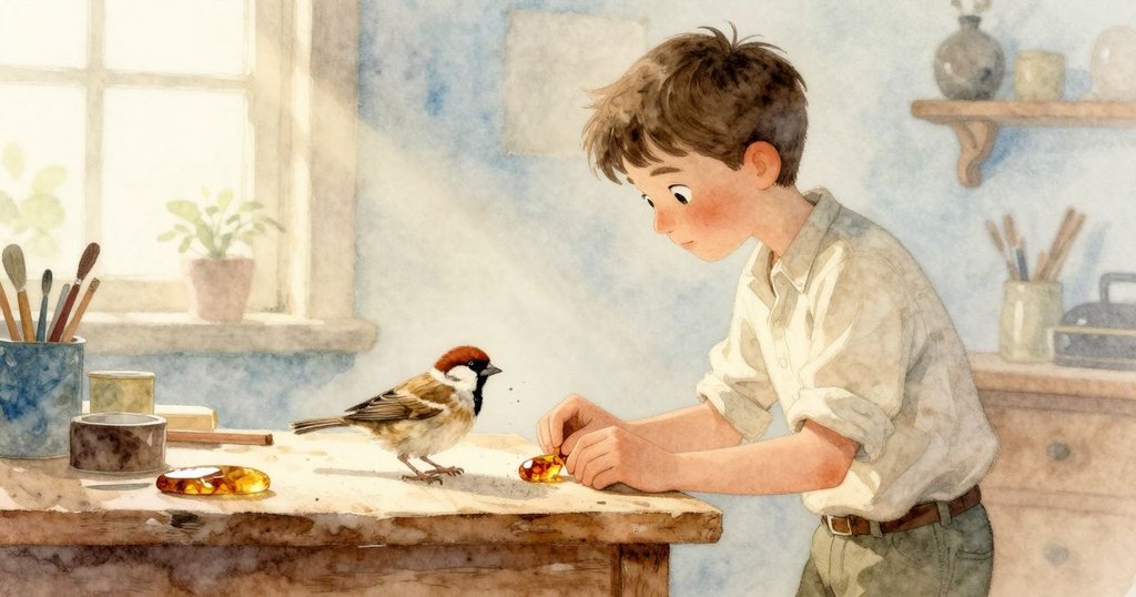 午後光線中喬爾靜坐於工作台旁放下成品琥珀,麻雀細心啄取塵埃,畫面平和且充滿溫暖情懷