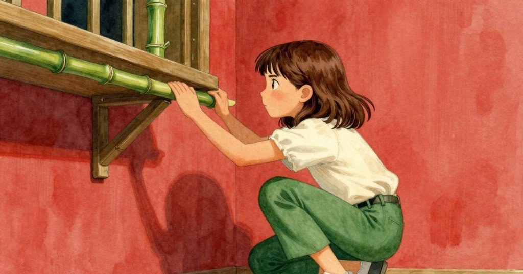 妮娜蹲低身子，小心地調整卡在架子下的竹竿，背景呈現奇異構圖，她神情專注充滿決心