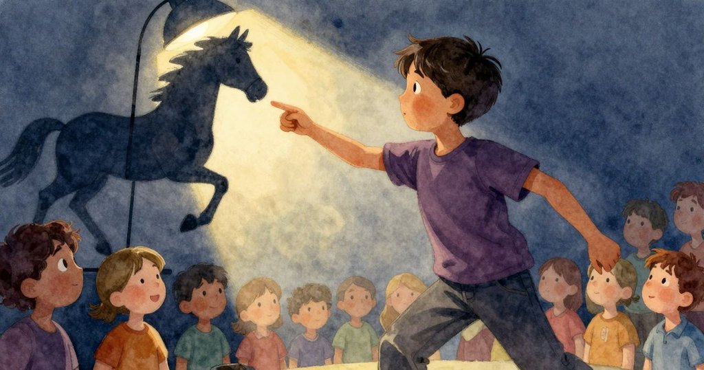 舞台上木偶馬奔馳，突現巨大手影遮擋燈光，斯特蘭驚訝抬肩，觀眾笑語交織，情緒激昂