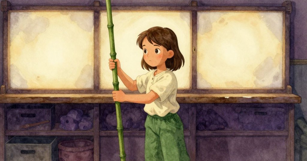 妮娜平靜地將竹竿豎直放回架上，背景中幕布柔光閃爍，後台恢復整齊，她滿懷成就感，場景圓滿