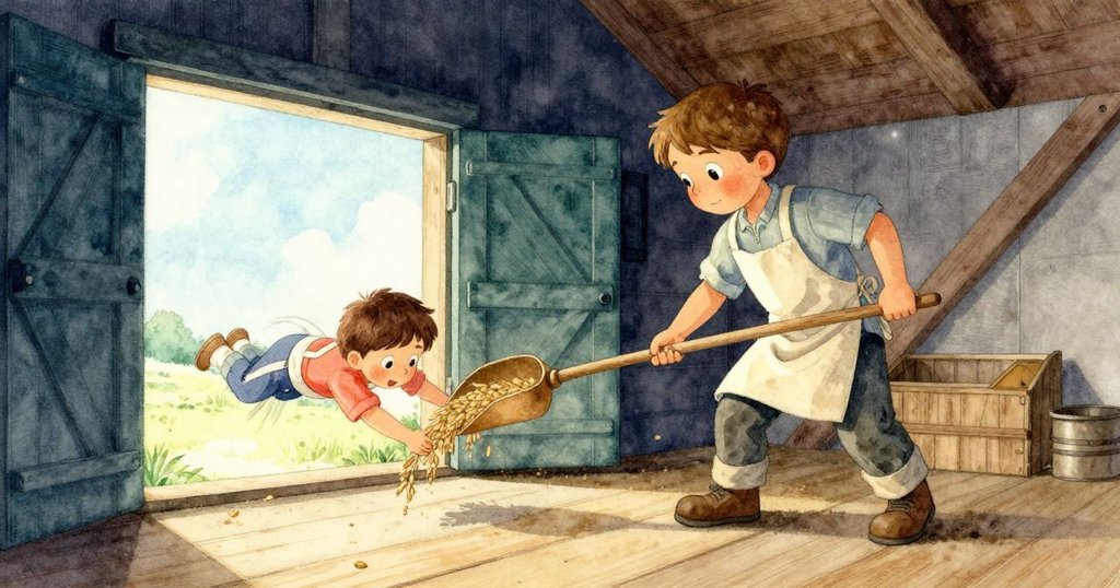 歐文在磨坊木製平台上倒裸麥，燕子飛入倉口，溫暖光線與粉末飛舞，場景充滿好奇與緊張感