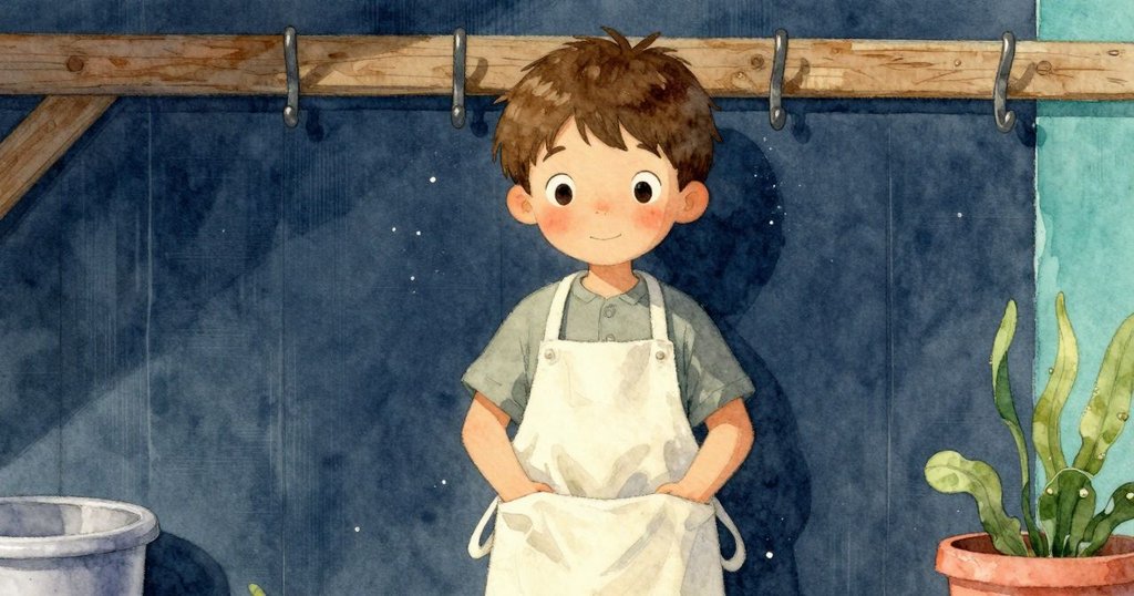 歐文正將油布圍裙掛在木鉤上，手部細節清晰，背景呈現磨坊內典雅溫馨氣氛