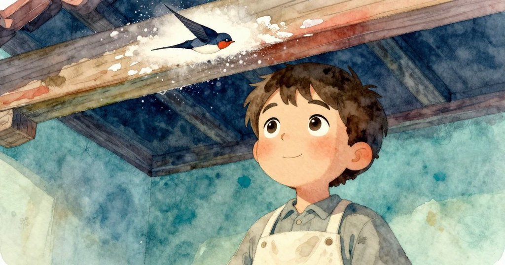 從歐文視角看見上方灑粉木樑，燕子輕快飛舞，柔和光線襯托出內心詩意與驚喜