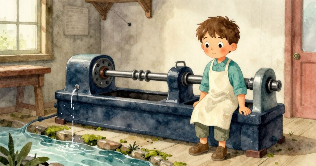 磨坊靜室內，舊機床靜立於青苔旁，水珠滴落營造出溫馨安定的家居氣氛