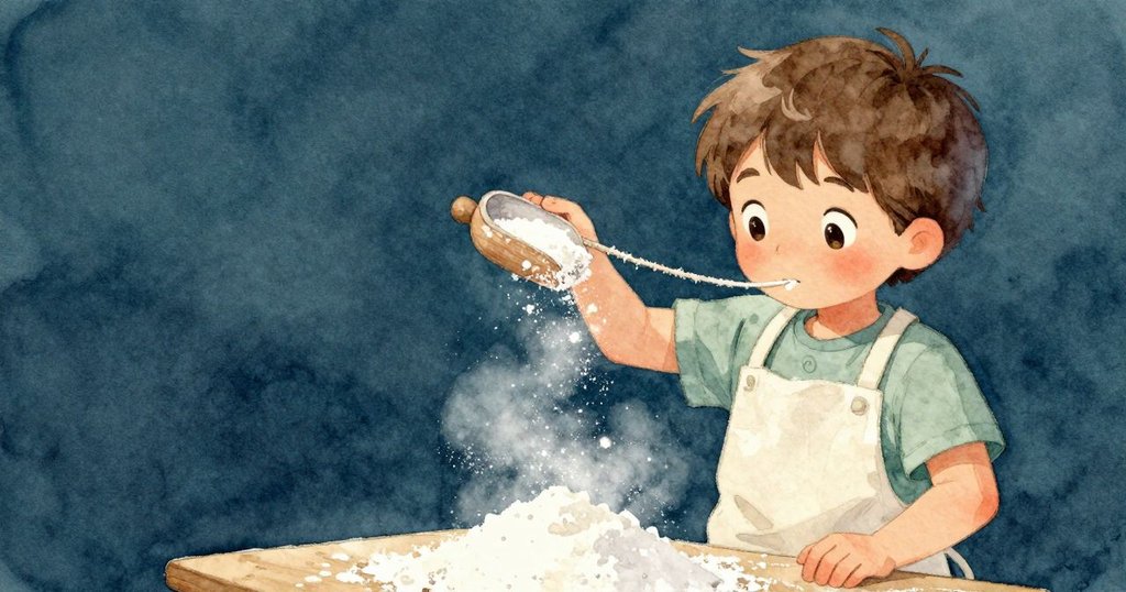 歐文輕輕刷去麵粉後擱置工具，燕子俏皮拉扯帆布線，揭示磨坊內部動作與幽默互動