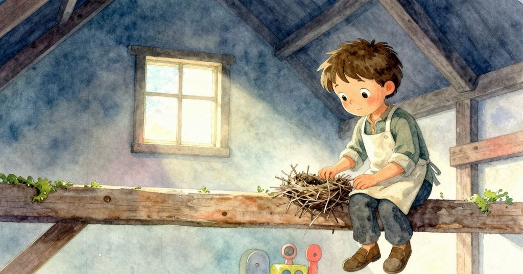 歐文在寬廣磨坊中注視燕子築巢，小小身影與巨大空間對比，溫馨光線表現新家寓意