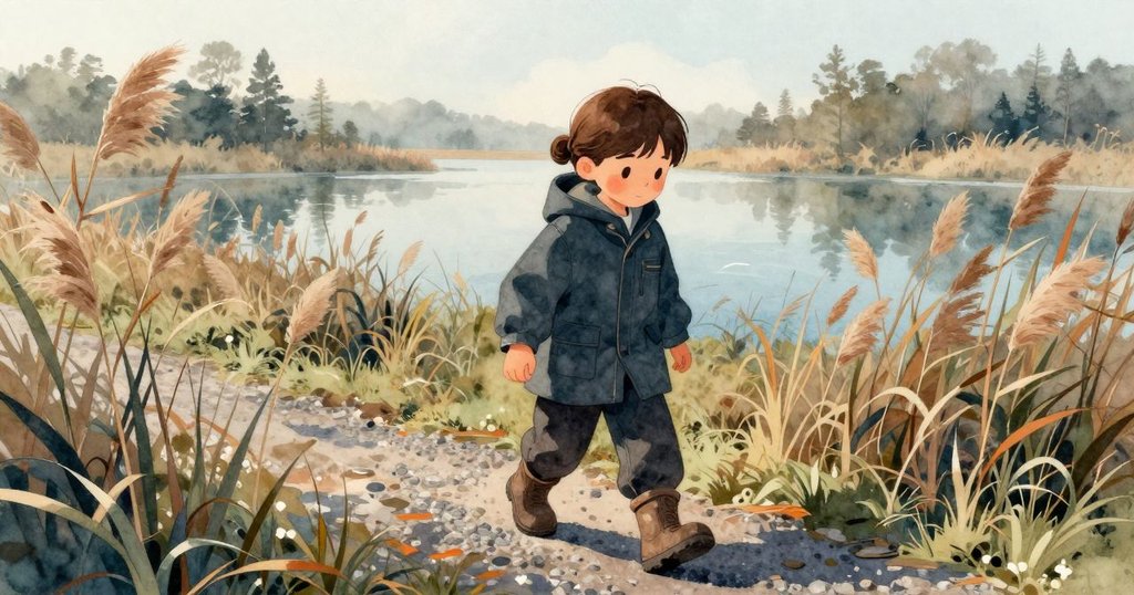 布萊爾離開碎石小路, 穿越金黃蘆葦, 臉上帶著期待, 背景有靜謐池塘, 故事開始展開