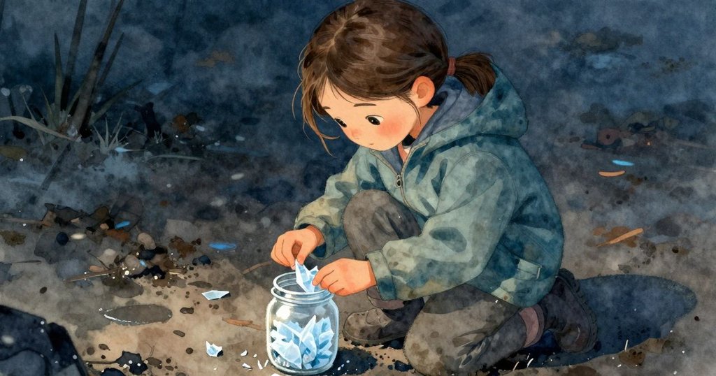 布萊爾跪在融化的冰環旁, 專注觀察微妙冰塊, 手持罐子, 表情專注, 展現自然細膩情感