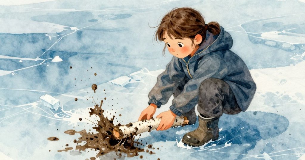 布萊爾輕推白樺樹枝到冰塊下, 泥濘漣漪向上綻放, 動態視角呈現自然實驗過程, 詩意盎然