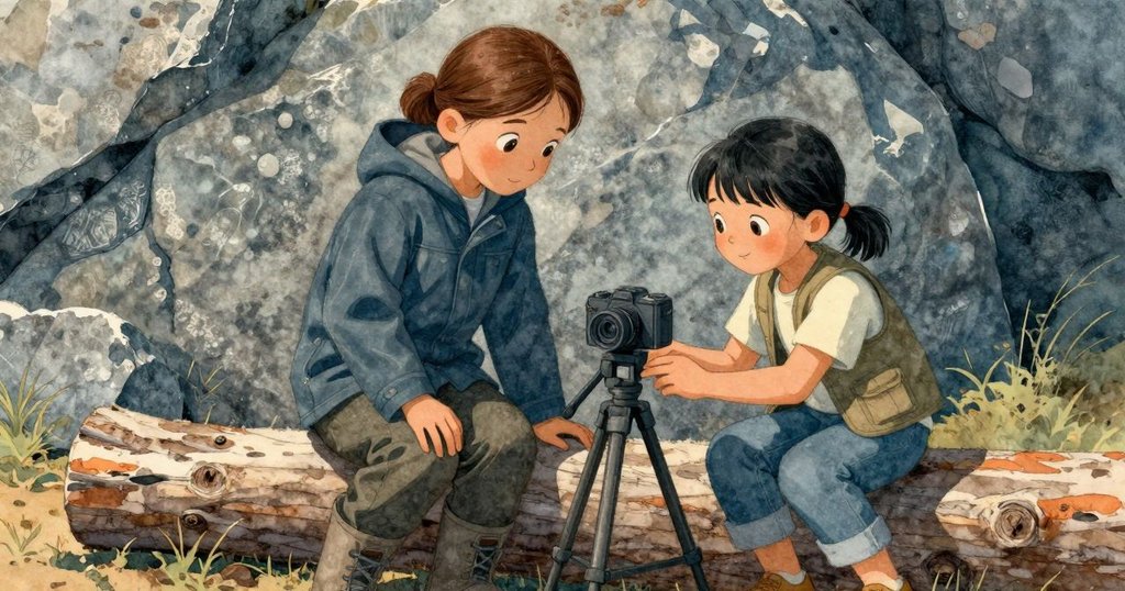 凱拉帶著攝影腳架趕來現場, 與布萊爾共同觀察, 周遭有老金合歡樹木, 圖像呈現柔和團隊合作